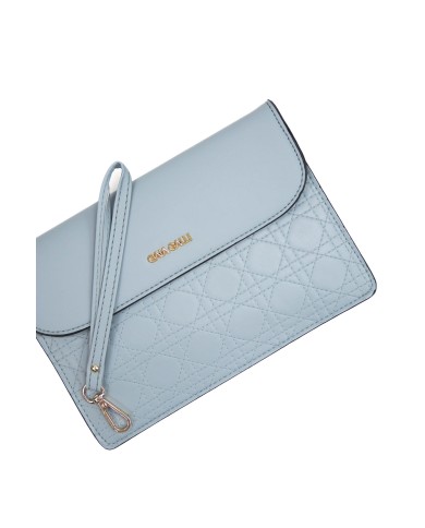 Borsa pochette celeste trapuntata con chiusura clip e manico rimovibile Borsa pochette celeste trapuntata con chiusura clip e manico rimovibile
