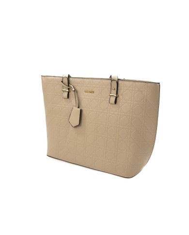 Borsa a mano beige rigida doppie tasche interne logo frontale in oro Borsa a mano beige rigida doppie tasche interne logo frontale in oro