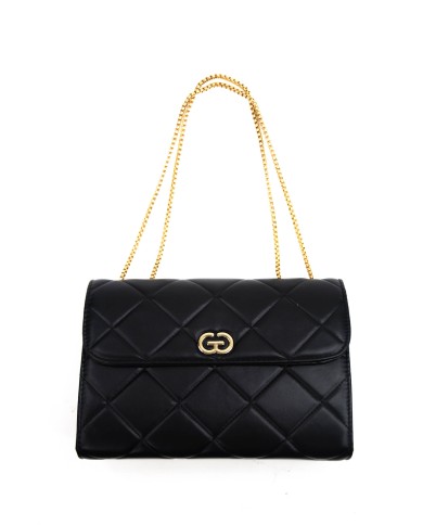 Borsa nera a spalla due scomparti chiusura a patta magnetica tracolla a catena fissa logo frontale in oro Borsa nera a spalla due scomparti chiusura a patta magnetica tracolla a catena fissa logo frontale in oro