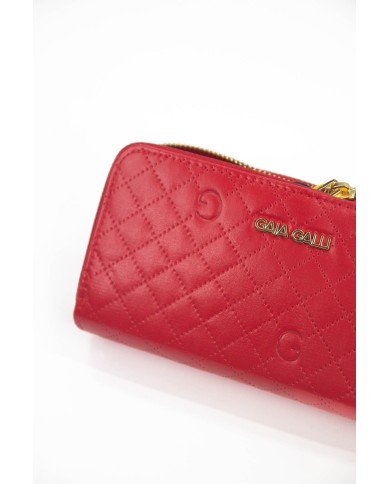 Portafoglio rosso con due scompartimenti compreso di portadocumenti chiusura a cerniera logo frontale in oro Portafoglio rosso con due scompartimenti compreso di portadocumenti chiusura a cerniera logo frontale in oro