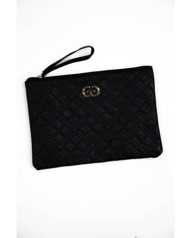 Borsa pochette nera trapuntata con logo chiusura a zip con manico Borsa pochette nera trapuntata con logo chiusura a zip con manico