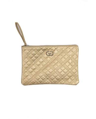 Borsa pochette oro trapuntata con logo chiusura a zip con manico Borsa pochette oro trapuntata con logo chiusura a zip con manico