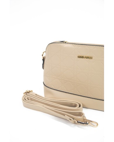 Borsa pochette beige rigida con tracolla removibile logo frontale in oro Borsa pochette beige rigida con tracolla removibile logo frontale in oro