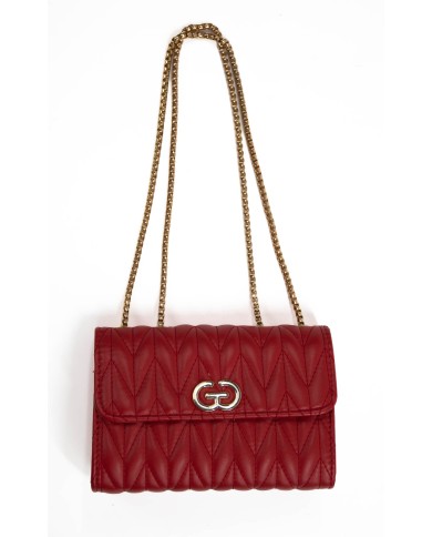 Borsa rossa piccola rigida patch centrale con logo chiusura con bottone a scatto manici color oro Borsa rossa piccola rigida patch centrale con logo chiusura con bottone a scatto manici color oro