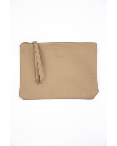 Borsa pochette beige con logo stampato e chiusura zip con manico Borsa pochette beige con logo stampato e chiusura zip con manico