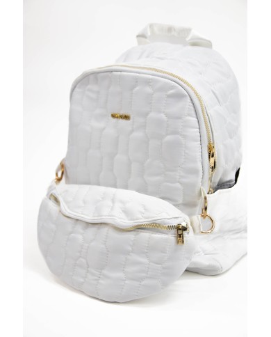 Zaino bianco con marsupio frontale removibile doppio spazio esterno e posteriore stemma in oro Zaino bianco con marsupio frontale removibile doppio spazio esterno e posteriore stemma in oro