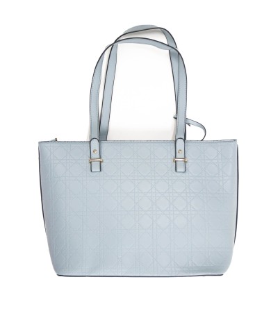 Borsa a mano celeste rigida doppie tasche interne logo frontale in oro Borsa a mano celeste rigida doppie tasche interne logo frontale in oro