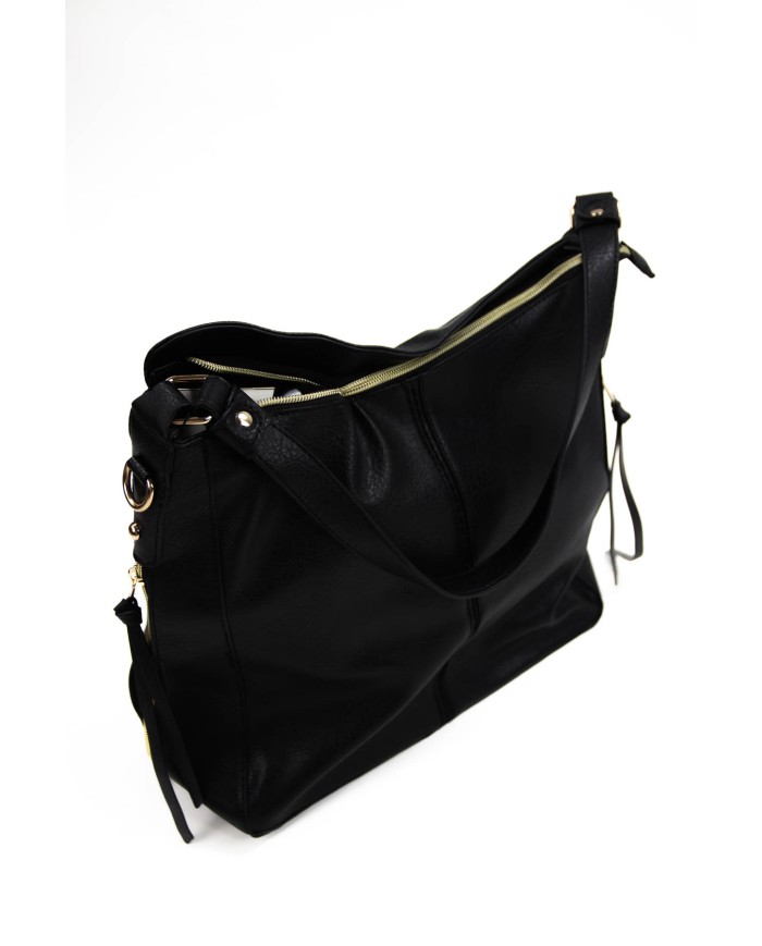 Borsa a mano nera con tracolla removibile tasca esterna e chiusura a zip Borsa a mano nera con tracolla removibile tasca esterna e chiusura a zip