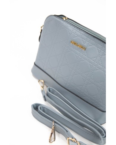 Borsa pochette celeste rigida con tracolla removibile logo frontale in oro Borsa pochette celeste rigida con tracolla removibile logo frontale in oro