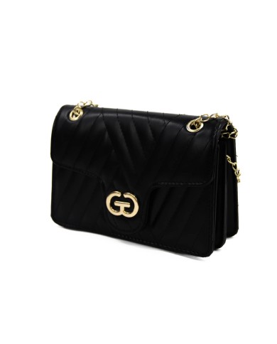 Borsa piccola nera rigida con logo frontale in oro catenella regolabile in oro Borsa piccola nera rigida con logo frontale in oro catenella regolabile in oro