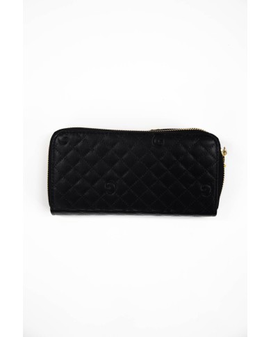 Portafoglio nero con due scompartimenti compreso di portadocumenti chiusura a cerniera logo frontale in oro