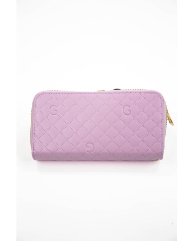 Portafoglio rosa con due scompartimenti compreso di portadocumenti chiusura a cerniera logo frontale in oro