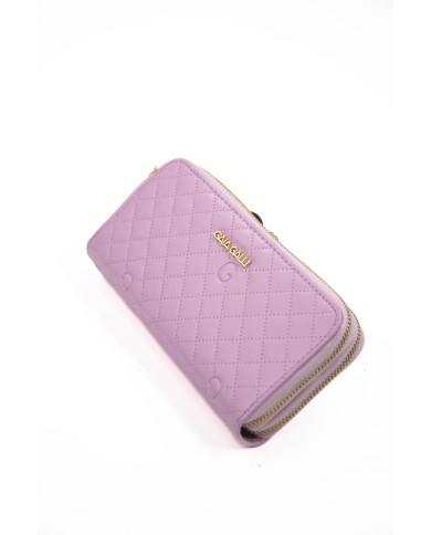 Portafoglio rosa con due scompartimenti compreso di portadocumenti chiusura a cerniera logo frontale in oro Portafoglio rosa con due scompartimenti compreso di portadocumenti chiusura a cerniera logo frontale in oro