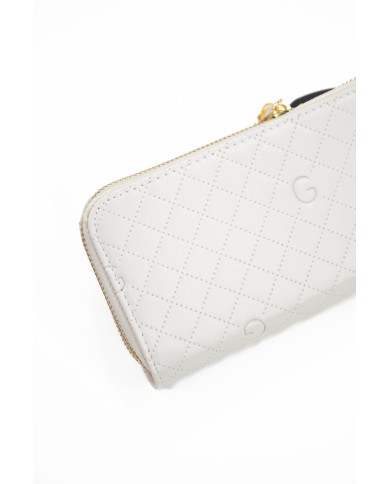 Portafoglio beige con due scompartimenti compreso di portadocumenti chiusura a cerniera logo frontale in oro Portafoglio beige con due scompartimenti compreso di portadocumenti chiusura a cerniera logo frontale in oro