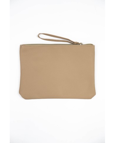 Borsa pochette beige con logo stampato e chiusura zip con manico Borsa pochette beige con logo stampato e chiusura zip con manico