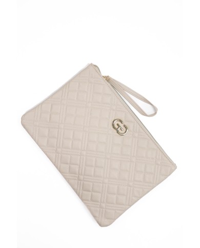 Borsa pochette beige trapuntata con logo chiusura a zip con manico Borsa pochette beige trapuntata con logo chiusura a zip con manico