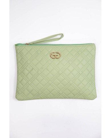Borsa pochette verde trapuntata con logo chiusura a zip con manico