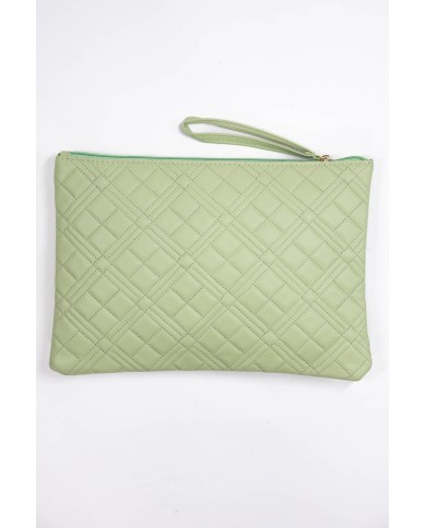Borsa pochette verde trapuntata con logo chiusura a zip con manico