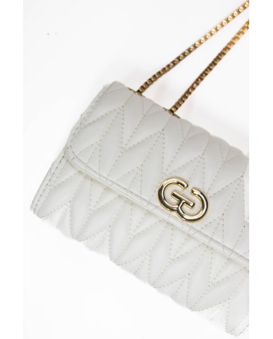 Borsa bianca piccola rigida patch centrale con logo chiusura con bottone a scatto manici color oro