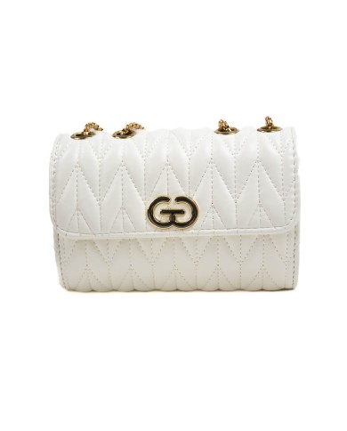 Borsa bianca piccola rigida patch centrale con logo chiusura con bottone a scatto manici color oro