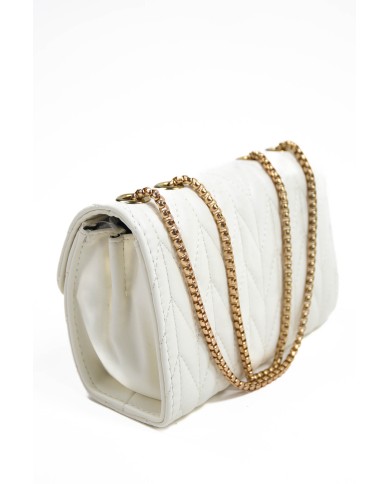 Borsa bianca piccola rigida patch centrale con logo chiusura con bottone a scatto manici color oro Borsa bianca piccola rigida patch centrale con logo chiusura con bottone a scatto manici color oro