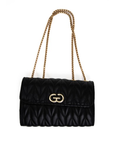 Borsa nera piccola rigida patch centrale con logo chiusura con bottone a scatto manici color oro