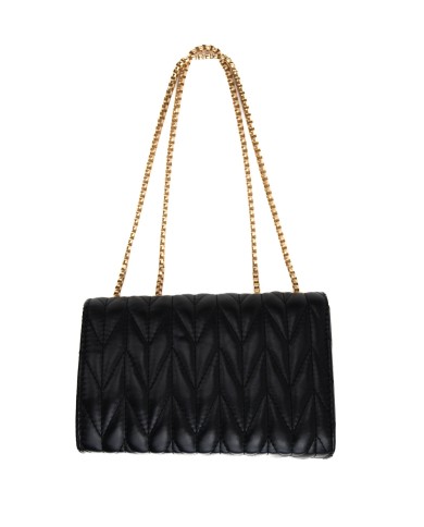 Borsa nera piccola rigida patch centrale con logo chiusura con bottone a scatto manici color oro