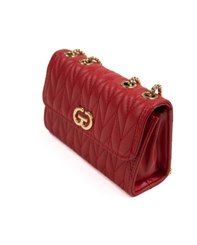 Borsa rossa piccola rigida patch centrale con logo chiusura con bottone a scatto manici color oro