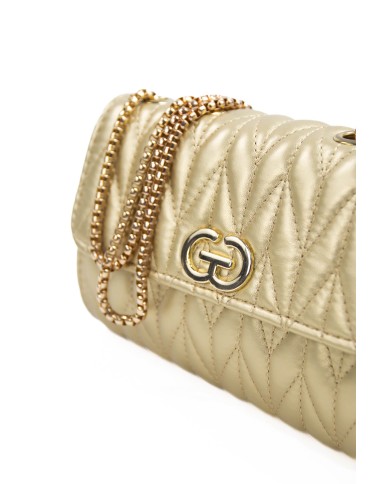 Borsa oro piccola rigida patch centrale con logo chiusura con bottone a scatto manici color oro
