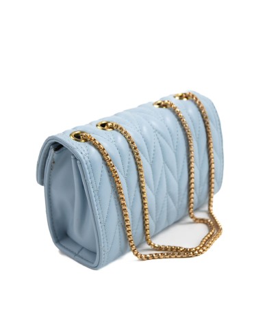 Borsa celeste piccola rigida patch centrale con logo chiusura con bottone a scatto manici color oro