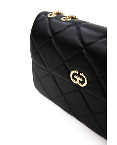 Borsa nera a spalla due scomparti chiusura a patta magnetica tracolla a catena fissa logo frontale in oro Borsa nera a spalla due scomparti chiusura a patta magnetica tracolla a catena fissa logo frontale in oro