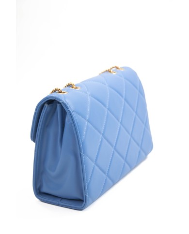 Borsa azzurra a spalla due scomparti chiusura a patta magnetica tracolla a catena fissa logo frontale in oro