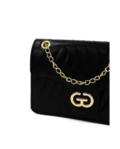 Borsa piccola nera rigida con logo frontale in oro catenella regolabile in oro Borsa piccola nera rigida con logo frontale in oro catenella regolabile in oro