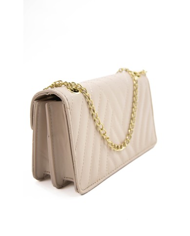 Borsa piccola beige rigida con logo frontale in oro catenella regolabile in oro