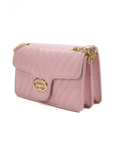 Borsa piccola rosa rigida con logo frontale in oro catenella regolabile in oro