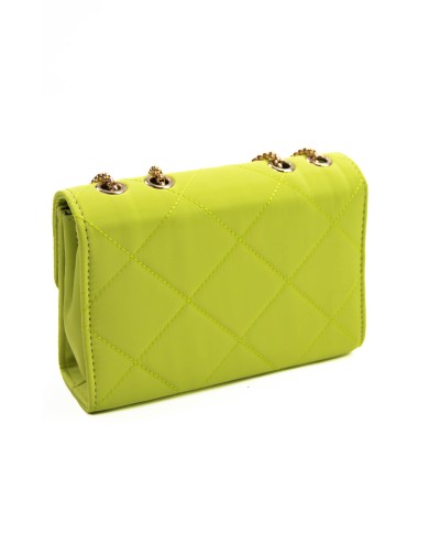 Borsa rigida verde acido trapuntata con logo centrale bottone magnetico e catenella regolabile dorata