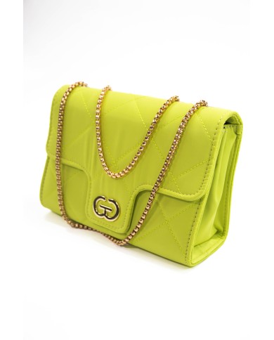 Borsa rigida verde acido trapuntata con logo centrale bottone magnetico e catenella regolabile dorata Borsa rigida verde acido trapuntata con logo centrale bottone magnetico e catenella regolabile dorata