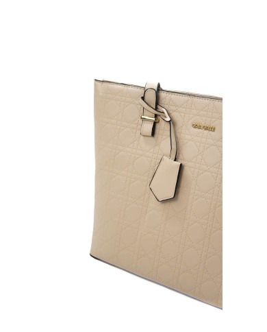 Borsa a mano beige rigida doppie tasche interne logo frontale in oro