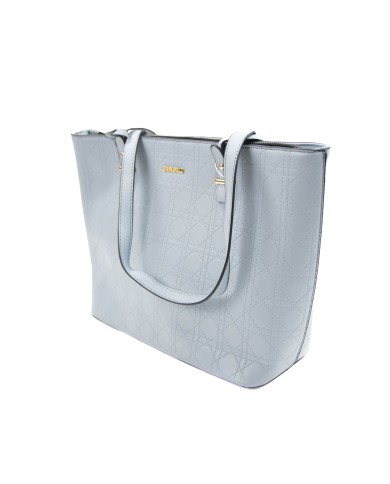 Borsa a mano celeste rigida doppie tasche interne logo frontale in oro