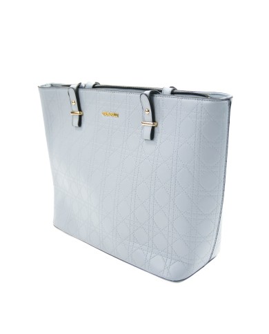 Borsa a mano celeste rigida doppie tasche interne logo frontale in oro Borsa a mano celeste rigida doppie tasche interne logo frontale in oro