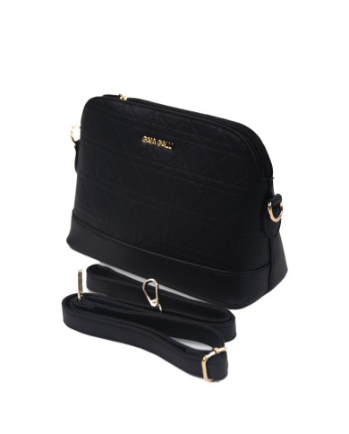 Borsa pochette nera rigida con tracolla removibile logo frontale in oro