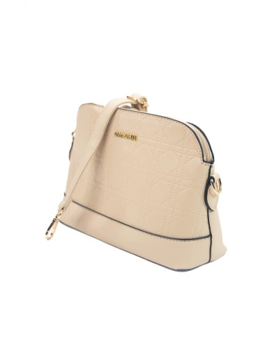 Borsa pochette beige rigida con tracolla removibile logo frontale in oro Borsa pochette beige rigida con tracolla removibile logo frontale in oro