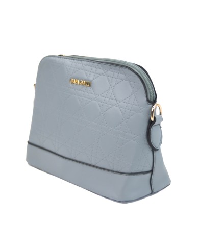 Borsa pochette celeste rigida con tracolla removibile logo frontale in oro