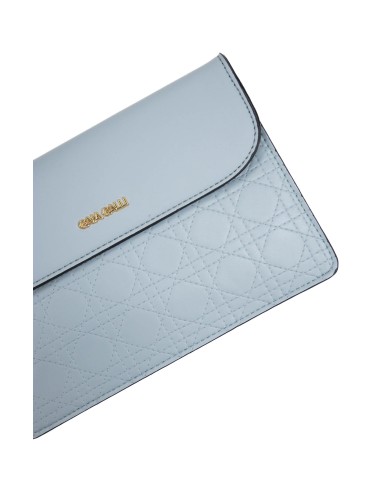 Borsa pochette celeste trapuntata con chiusura clip e manico rimovibile