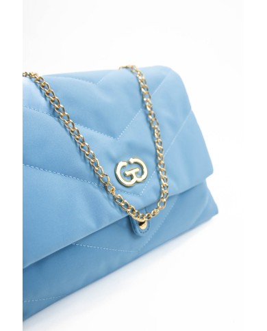 Borsa morbida celeste a tracolla con chiusura bottone a scatto e logo centrale Borsa morbida celeste a tracolla con chiusura bottone a scatto e logo centrale