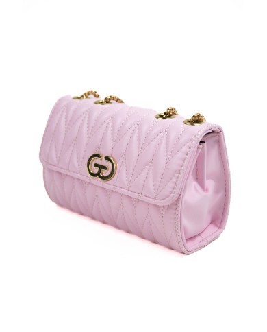 Borsa rosa piccola rigida patch centrale con logo chiusura con bottone a scatto manici color oro Borsa rosa piccola rigida patch centrale con logo chiusura con bottone a scatto manici color oro